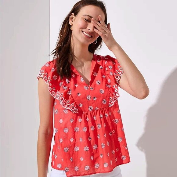 LOFT Coral Red Floral Eyelet Embroidery Ruffle Flutter V-Neck Blouse small - Picture 1 of 8